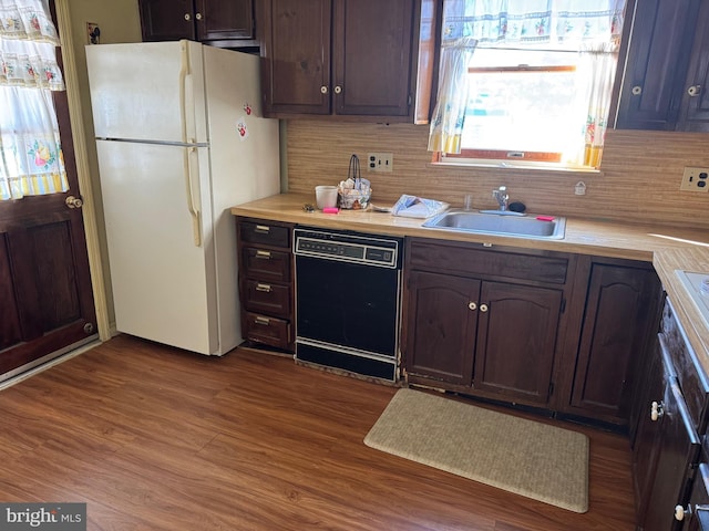 kitchen featuring dark hardwood / wood-style flooring, dark brown cabinetry, sink, black dishwasher, and white fridge