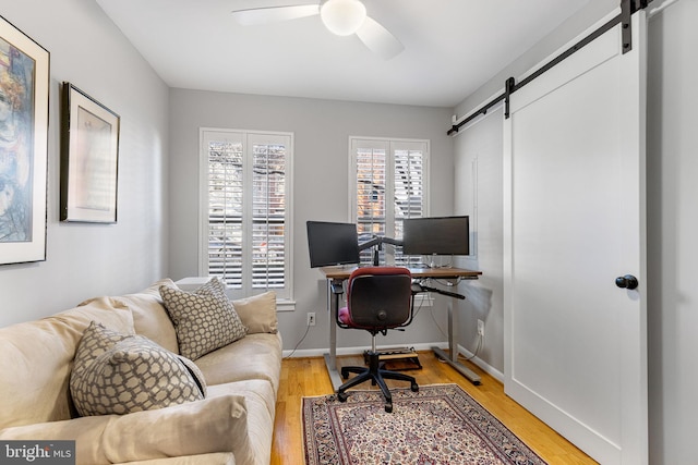 office with ceiling fan, light hardwood / wood-style flooring, and a barn door