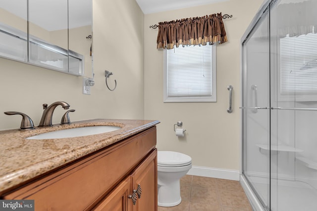 bathroom featuring tile patterned floors, toilet, vanity, and walk in shower