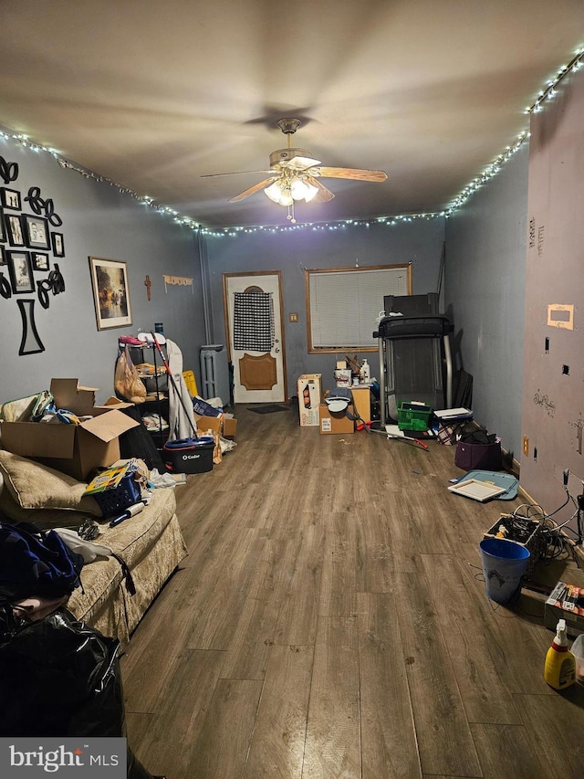 rec room featuring hardwood / wood-style flooring and ceiling fan