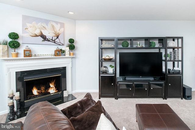 living room featuring light colored carpet