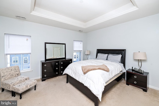 bedroom featuring a raised ceiling and light colored carpet