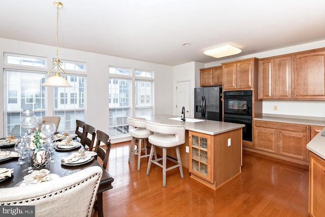 kitchen featuring hanging light fixtures, an island with sink, black appliances, and wood-type flooring