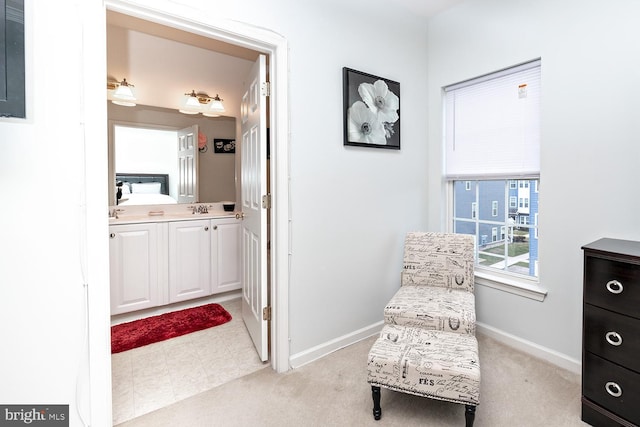 sitting room with light colored carpet and sink