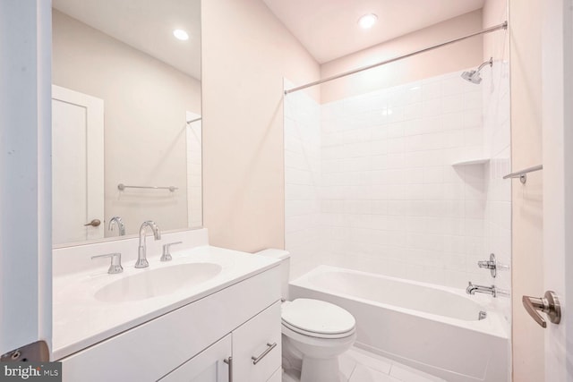 full bathroom with shower / bathing tub combination, vanity, toilet, and tile patterned floors