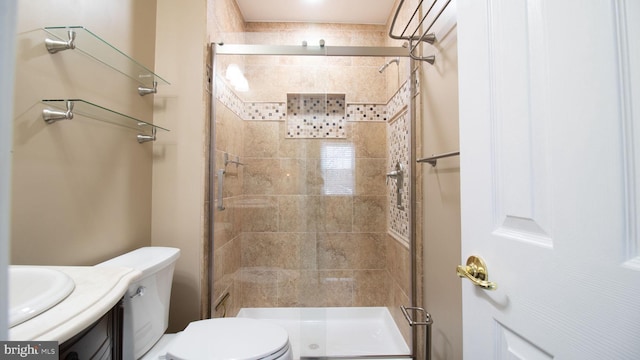 bathroom with vanity, a shower stall, and toilet