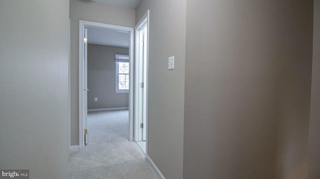 hall with baseboards and light colored carpet