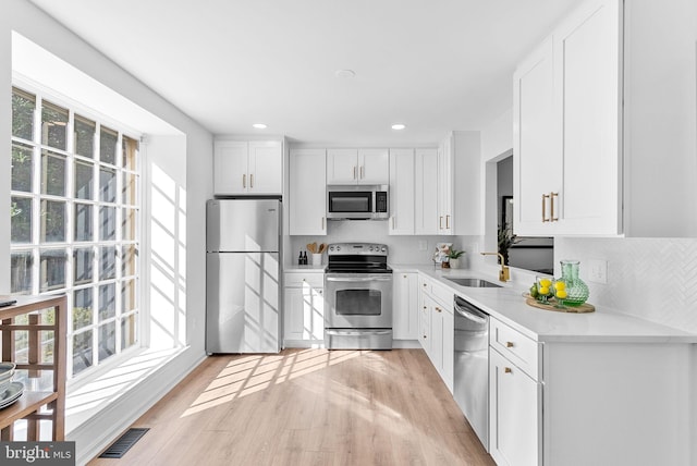 kitchen featuring white cabinetry, appliances with stainless steel finishes, backsplash, and light wood-type flooring