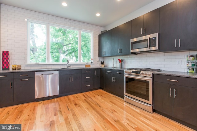 kitchen featuring backsplash, sink, stainless steel appliances, and light hardwood / wood-style floors