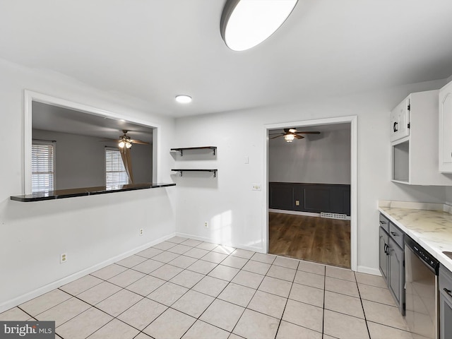 kitchen with white cabinetry, dishwasher, light tile patterned flooring, ceiling fan, and gray cabinets