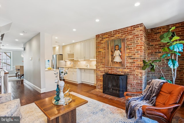 living room with sink, a fireplace, and dark hardwood / wood-style floors