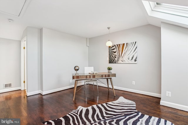 office with vaulted ceiling and dark hardwood / wood-style floors