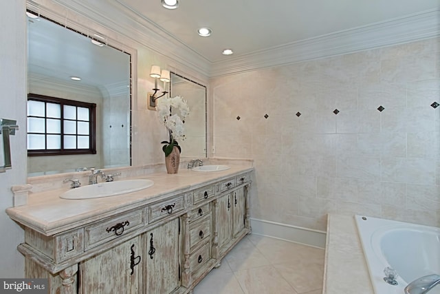 bathroom with tile patterned floors, a tub, vanity, and ornamental molding