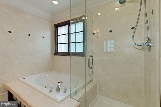 bathroom featuring plus walk in shower and ornamental molding