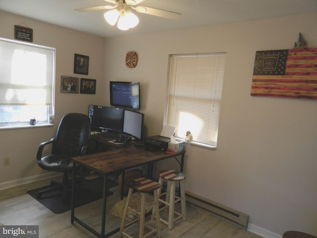 home office with a baseboard heating unit, ceiling fan, and light hardwood / wood-style floors