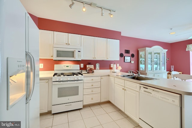 kitchen featuring white appliances, kitchen peninsula, sink, white cabinetry, and light tile patterned flooring