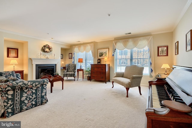 carpeted living room featuring crown molding