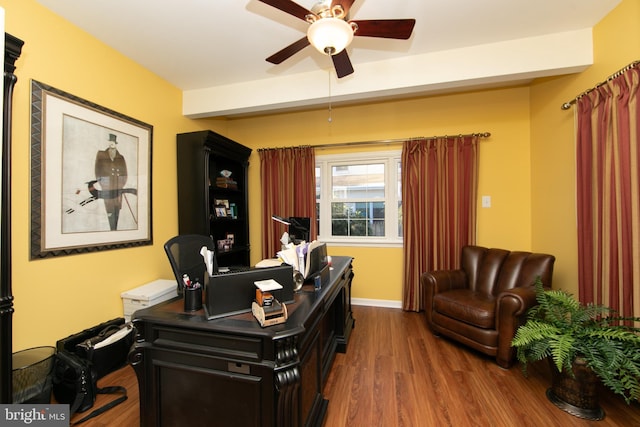 office with ceiling fan and hardwood / wood-style floors