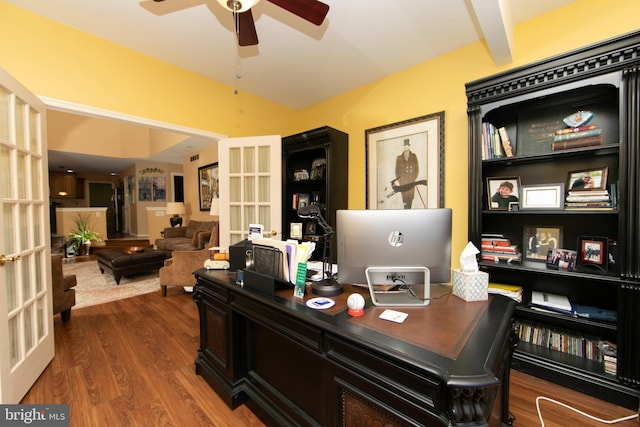 home office with ceiling fan, hardwood / wood-style floors, beam ceiling, and french doors