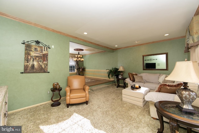 living room featuring light colored carpet, a notable chandelier, and ornamental molding