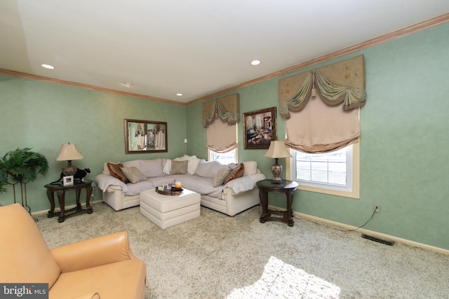 living room with carpet and ornamental molding