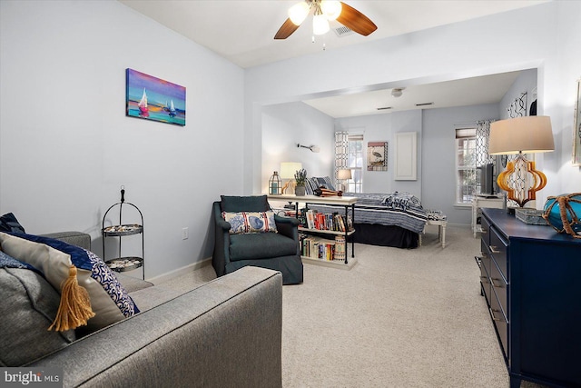 carpeted bedroom featuring ceiling fan