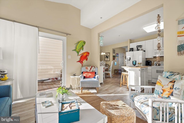 living room featuring light hardwood / wood-style floors and lofted ceiling