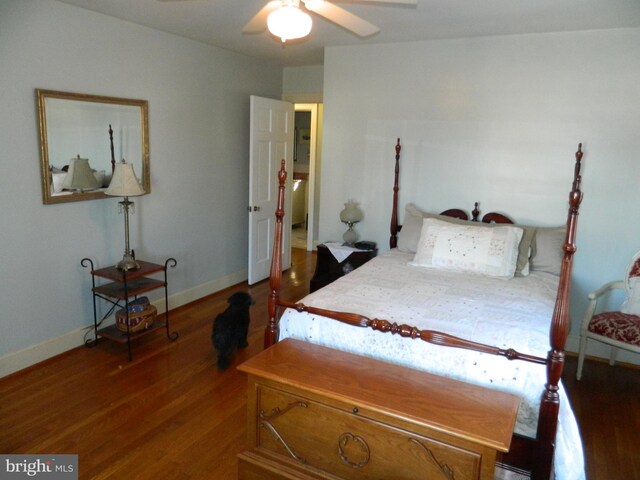 bedroom with ceiling fan and hardwood / wood-style floors