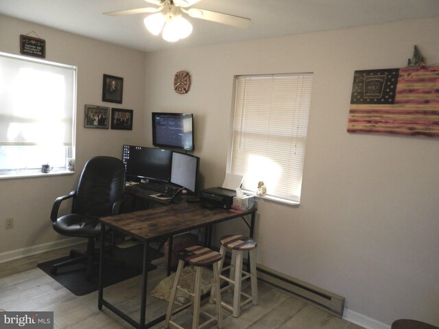 office space featuring ceiling fan, a baseboard heating unit, and light wood-type flooring