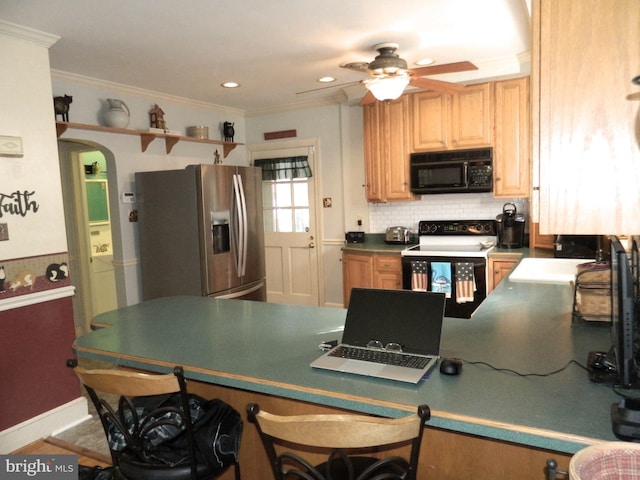 kitchen with electric range oven, crown molding, backsplash, and stainless steel refrigerator with ice dispenser