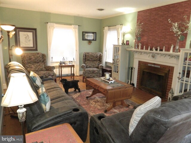 living room with radiator heating unit, a fireplace, ornamental molding, and wood-type flooring