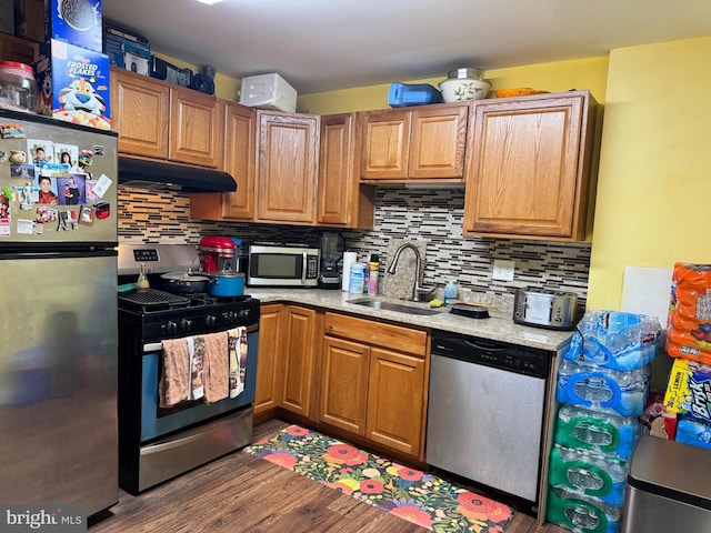 kitchen with dark hardwood / wood-style flooring, sink, decorative backsplash, and stainless steel appliances