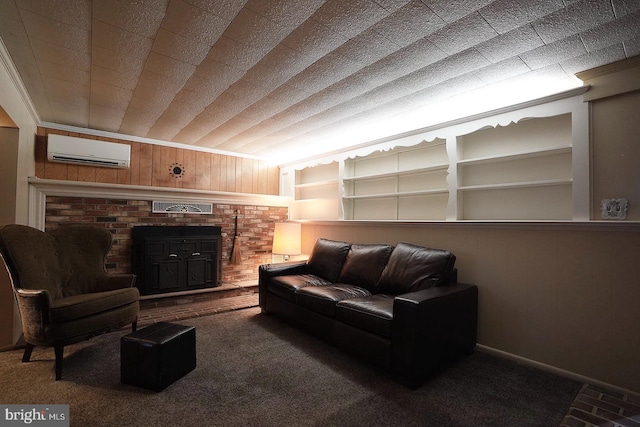 carpeted living room with wooden walls, ornamental molding, built in shelves, and a wall mounted AC