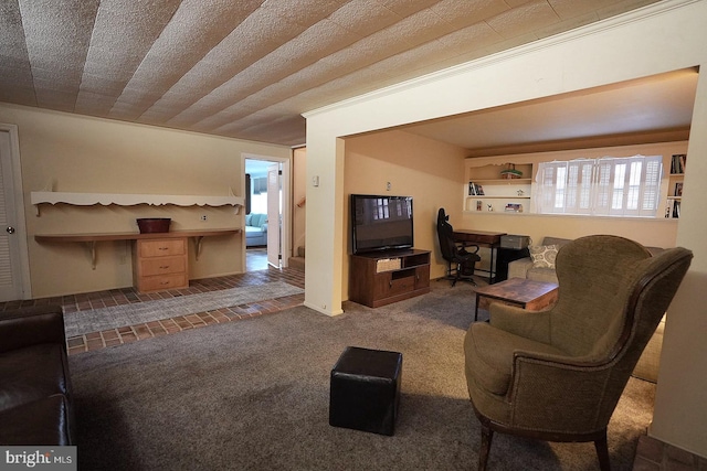 living room featuring a textured ceiling, carpet, and crown molding