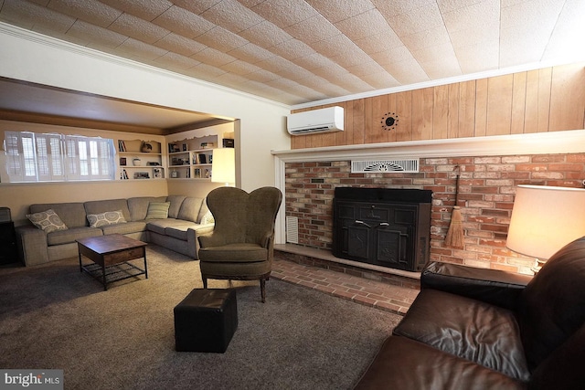 living room featuring crown molding, wood walls, a wall unit AC, and dark colored carpet