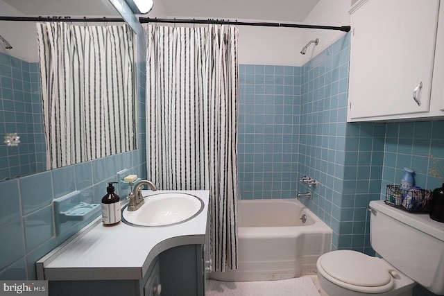 full bathroom with toilet, shower / bath combo with shower curtain, decorative backsplash, tile walls, and vanity