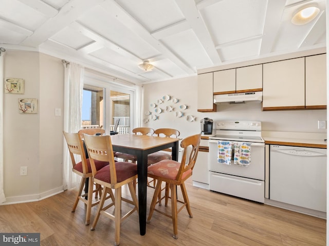 kitchen featuring white appliances, light hardwood / wood-style flooring, and white cabinets