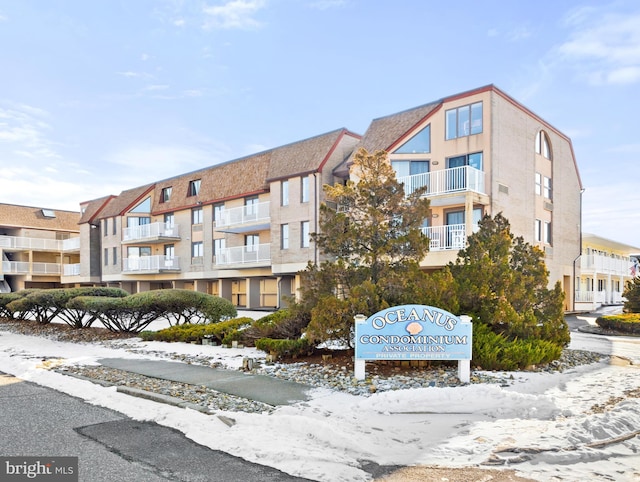 view of snow covered building