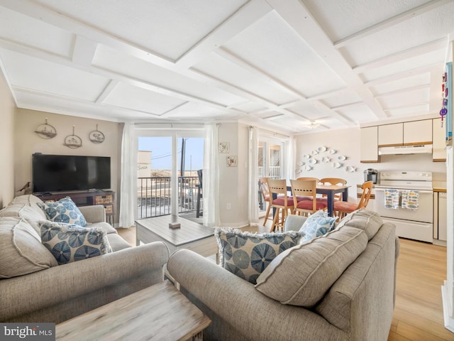 living room featuring light hardwood / wood-style flooring and coffered ceiling