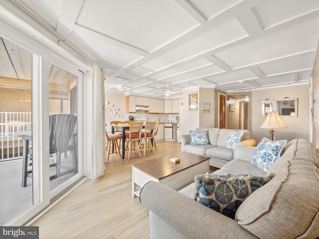 living room featuring light hardwood / wood-style floors and coffered ceiling