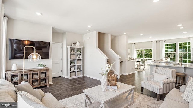 living room with dark hardwood / wood-style flooring