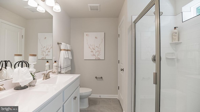 bathroom featuring tile patterned flooring, vanity, toilet, and an enclosed shower