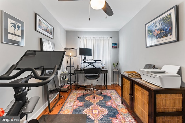 home office with ceiling fan and wood-type flooring