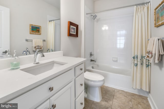 full bathroom with toilet, tile patterned flooring, shower / bath combo with shower curtain, and vanity