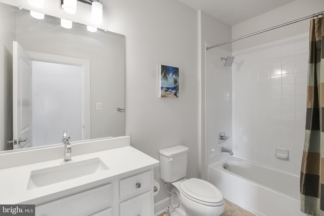 bathroom with toilet, tile patterned floors, shower / bath combo, and vanity