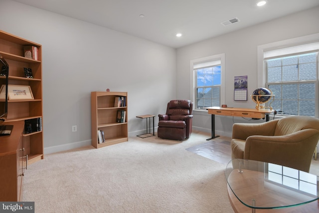 sitting room featuring baseboards, visible vents, carpet flooring, and recessed lighting