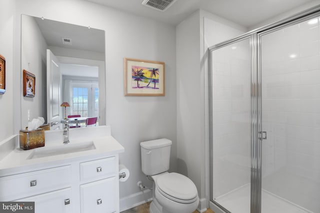 full bath with toilet, vanity, a shower stall, and visible vents