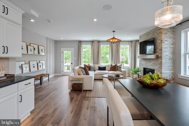 living room with hardwood / wood-style flooring and a fireplace