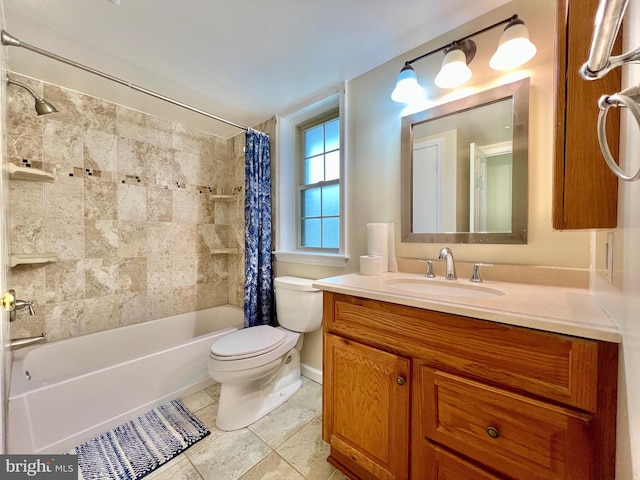 full bathroom featuring toilet, tile patterned flooring, shower / bath combination with curtain, and vanity