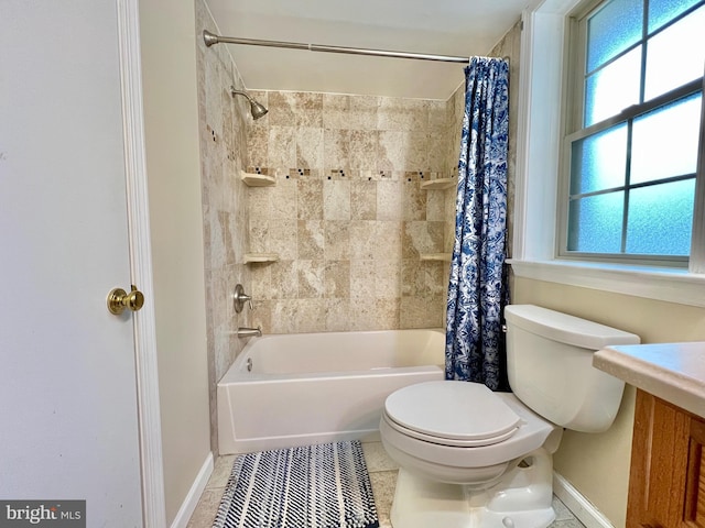 full bathroom with toilet, vanity, shower / bathtub combination with curtain, and tile patterned flooring